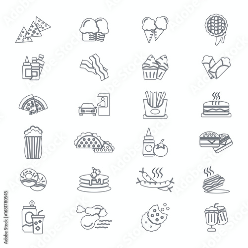 Fast Food and drink icon set with doodle style, including pizza, cake sandwich, etc