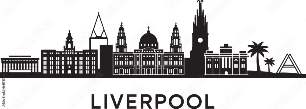 Obraz premium Detailed Liverpool Skyline Silhouette Vector Illustration with Cityscape Landmarks Design