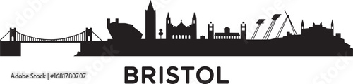 Detailed Bristol City Skyline Silhouette with Bridges and Landmarks on Transparent Backdrop