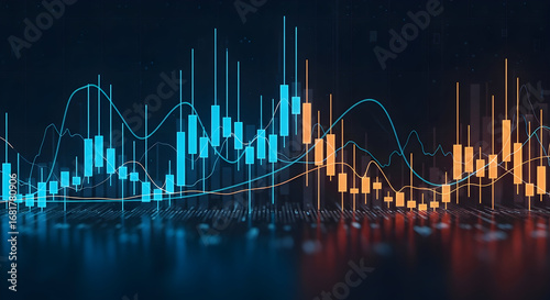 Blue Candlestick and Indicator Chart with Volatility Bands — Technical Trading Visualization Showing Bullish Momentum, Volume and Volatility