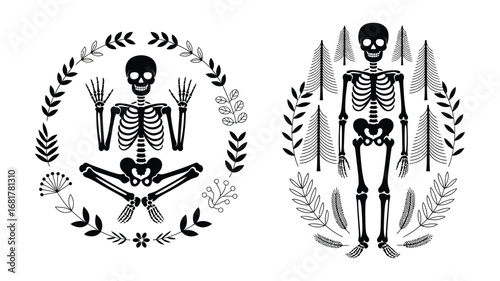 Retro Vintage Skeleton Woodland Sketching Silhouette Vector Clipart – Classic Line Art Illustration of a Skull Sketching in the Woods, Perfect for T-Shirts and Creative Design Projects.