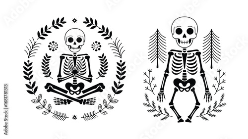 Retro Vintage Skeleton Woodland Sketching Silhouette Vector Clipart – Classic Line Art Illustration of a Skull Sketching in the Woods, Perfect for T-Shirts and Creative Design Projects.