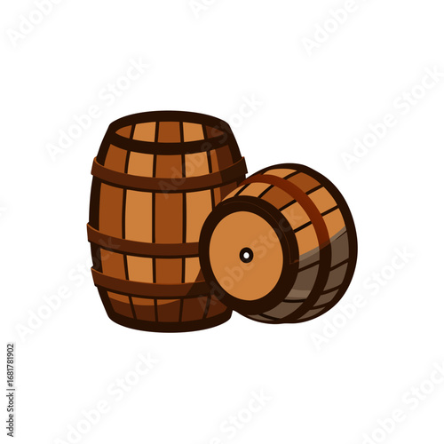 the image features two wooden barrels against a wh