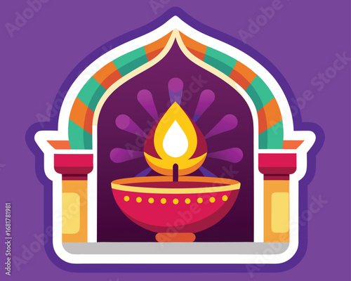 Diwali Lamp Illustration with Archway and Vibrant Colors for Festive Celebrations