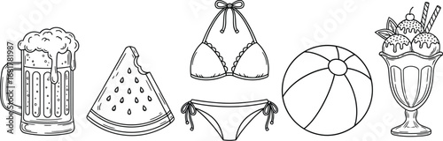 Summer beach vacation outline drawing with beer ice cream and bikini