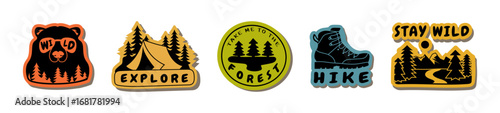 Outdoor adventure badge set with camping quotes and forest illustrations. Ideal for t-shirt prints, stickers, travel gear, and hiking-themed designs.