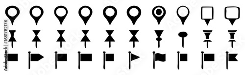 Set of map pin icon, push pin, GPS location symbol, flag icon, vector illustration