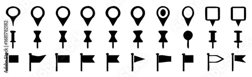 Set of map pin icon, push pin, GPS location symbol, flag icon, vector illustration