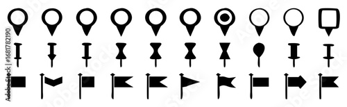 Set of map pin icon, push pin, GPS location symbol, flag icon, vector illustration