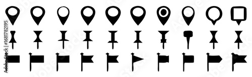 Set of map pin icon, push pin, GPS location symbol, flag icon, vector illustration