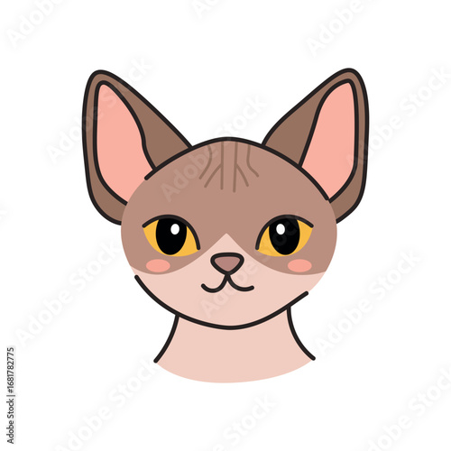 A cartoon illustration of a hairless cat with large ears and yellow eyes. The cat has a light brown and cream-colored coat, showcasing its distinctive features.