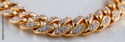 Stunning gold chain necklace adorned with sparkling diamonds resting elegantly on a smooth surface