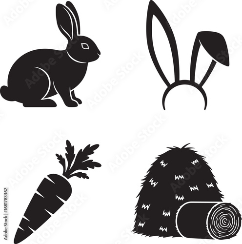 Simple black and white Easter theme with rabbit ears carrot and hay stack