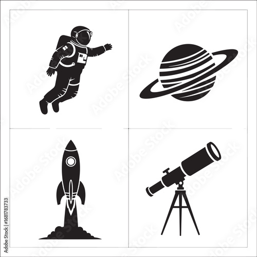 Space exploration icons set featuring astronaut planet rocket and telescope elements in black and white