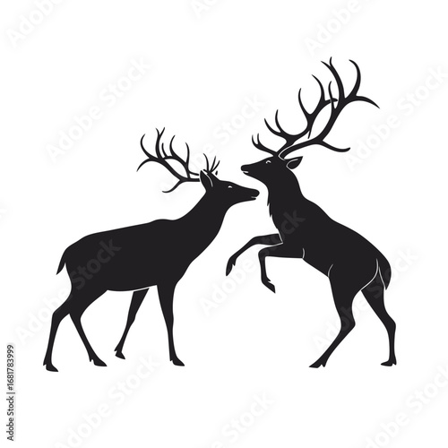 Powerful black silhouette of two majestic stags engaged in a a territorial fight, their impressive antlers poised for a dramatic clash