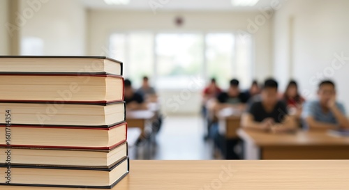 Stack of Books in Focus with Students Studying in Classroom Background