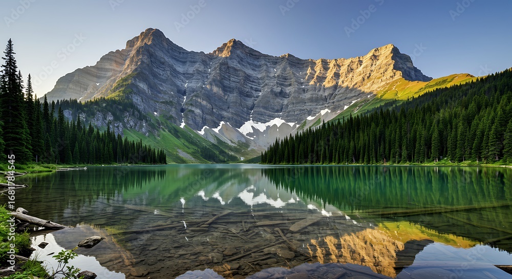 Obraz premium Mountain Lake Reflection in Tranquil Forest.