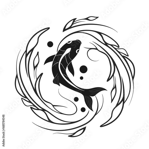 Stylized fish silhouette with a tail curved sharply upward in a circular emblem, a monochrome graphic icon representing aquatic grace and flow