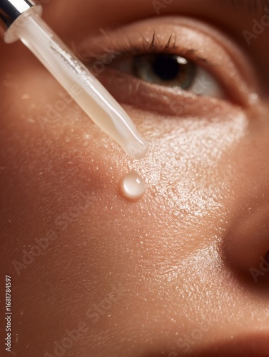 Close-up macro shot of a drop of white serum or lotion falling from a glass dropper onto a light beige skin texture, high-key lighting, 