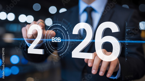 Futuristic 3D Digital Illustration of Year 2026 with Holographic B2B Interface and Hands Interacting with Floating Numbers