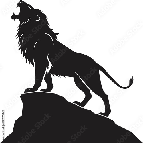 Powerful black and white vector silhouette of a male lion roaring from a mountain peak, its majestic mane spread wide in a display of strength