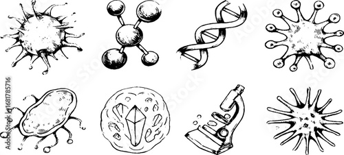 Scientific doodle set of atom, molecule, and dna hand drawn icons for educational design