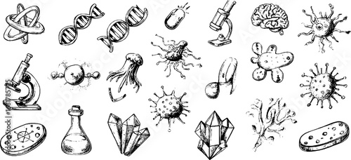 Scientific hand drawn doodle icons set featuring dna, molecules, and microscopes