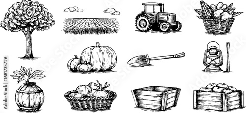 Hand drawn doodle icons set of autumn harvest scenes with trees and farming tools for seasonal design