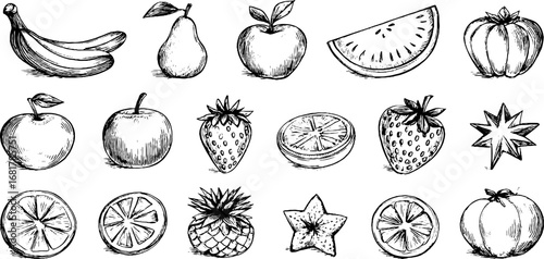Hand drawn doodle icons of fruits set featuring banana, apple, pear, and more for design