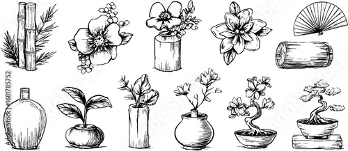 Hand drawn doodle icon set of bamboo stalk, pine, and floral arrangements for design