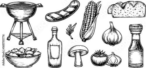 Hand drawn doodle icons set of barbecue essentials and ingredients