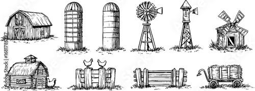Rustic farm elements collection: hand drawn doodle icons of barns, silos, windmills