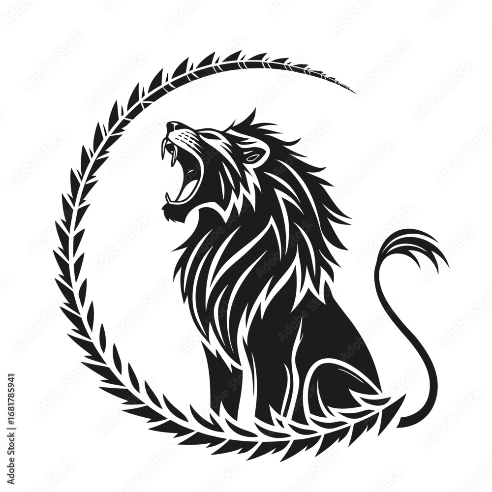 Obraz premium Majestic Lion's Roar A Powerful Black and White Vector Illustration Symbolizing Strength and Courage in a Circle