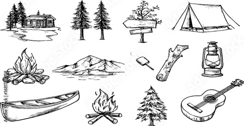 Hand drawn doodle icons set of cabin, forest, and camping elements for outdoor adventure design