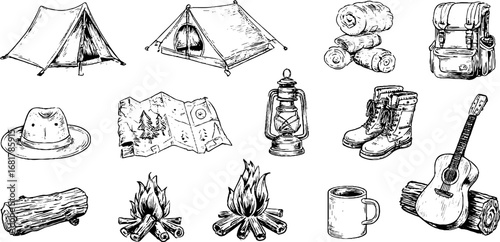Hand drawn camping adventure doodles set featuring tent, backpack, and campfire icons