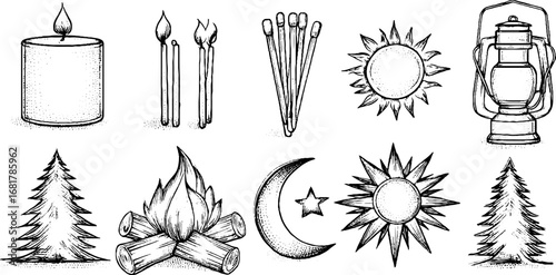 Hand drawn doodle icon set of candle, matches, fire, and nature elements for design