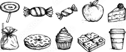 Hand drawn doodle icon set of candy, lollipop, chocolate, and sweet treats