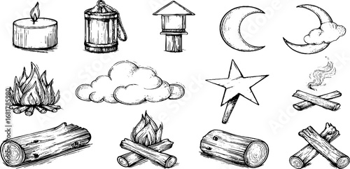 Hand drawn doodle icons of candle, lantern, campfire, and celestial elements for creative design