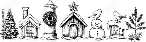 Hand drawn doodle icons: festive winter chimney and house roofs with snowman and birds