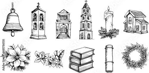 Hand drawn doodle icons of church buildings, bells, candles, and flowers for holiday design