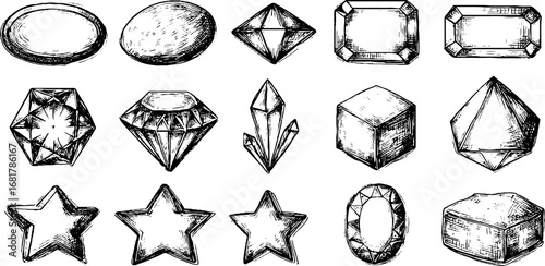 Hand drawn doodle icon set of geometric shapes and gems for design projects