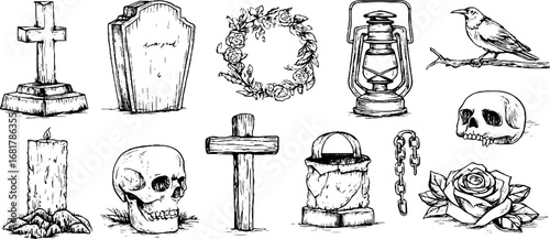 Hand-drawn doodle icons collection featuring coffin, tombstone, lantern, and skull in vintage style for halloween design