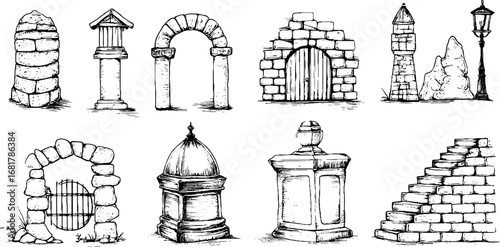 Hand drawn doodle icons set featuring architectural columns, pillars, and arches for design enhancements