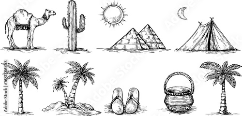 Hand drawn doodle icon set featuring desert themes with cactus, camel, and ancient landscapes