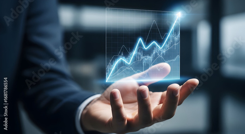 Futuristic Business Growth Visualization — Hand-Supported 3D Holographic Line Chart Showing Rapid Revenue and KPI Acceleration with Neon Data Trails
