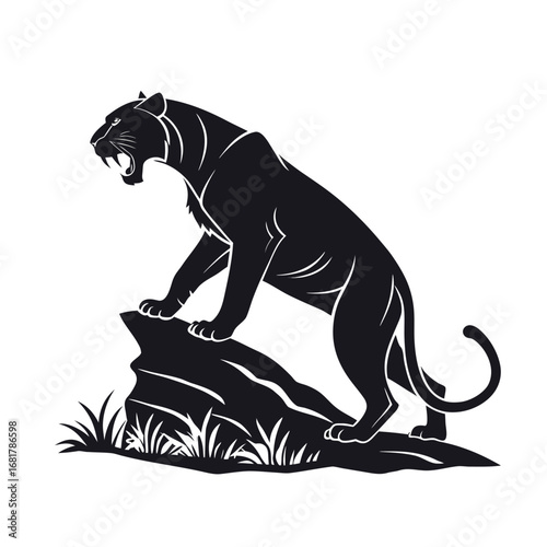 Silhouette of a roaring black panther standing on a rock. Vector graphic of a wild big cat predator, ideal for a powerful logo, emblem, or mascot design