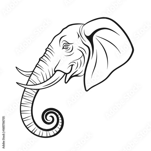 Monochrome line art illustration of a majestic elephant head in profile with a decorative curled trunk isolated on a white background
