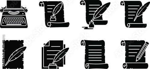 Writing icons set typewriter quill pen paper document vector art