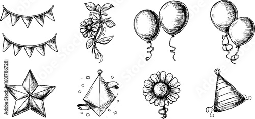 Festive hand drawn doodle icon set with flags and balloons for creative projects