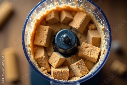 Close-up of a blender filled with chunks of wood, ready to be pulverized into sawdust Perfect for woodworking, DIY, and crafting projects Shows texture and detail , sawdust, machine, power